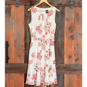 Jessica Howard Floral Sleeveless Midi Dress Cream Pink Tie Waist Size 12